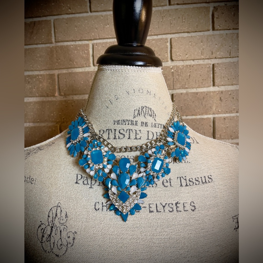 Statement Necklace with Lovely Blue and Opaque White Beads and Rhinestones